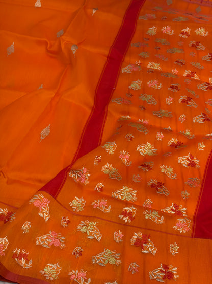 Orange Pure Kora Banarasi Saree with Tilfi Minakari skirt-style booti border weaving
