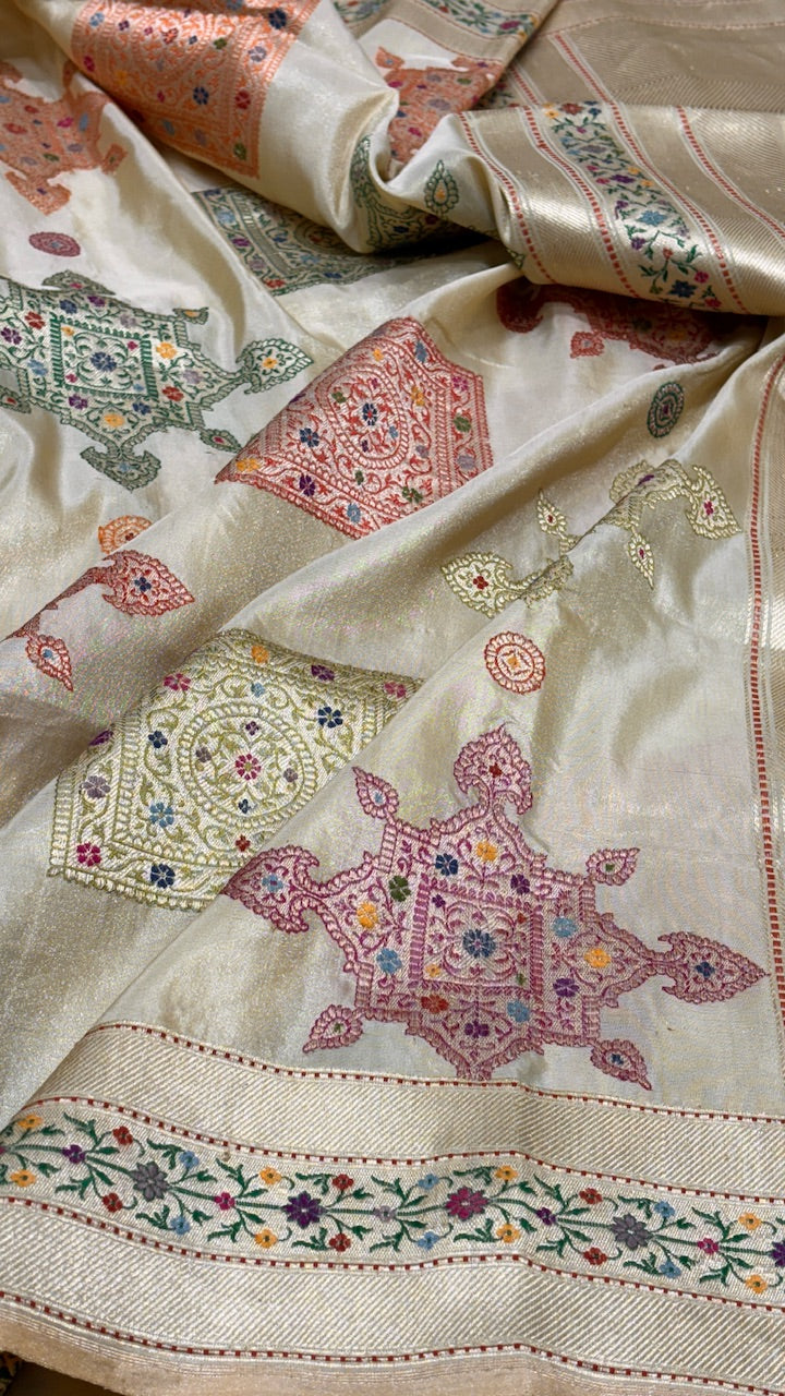 Off White Pure Banarasi Katan Silk Saree