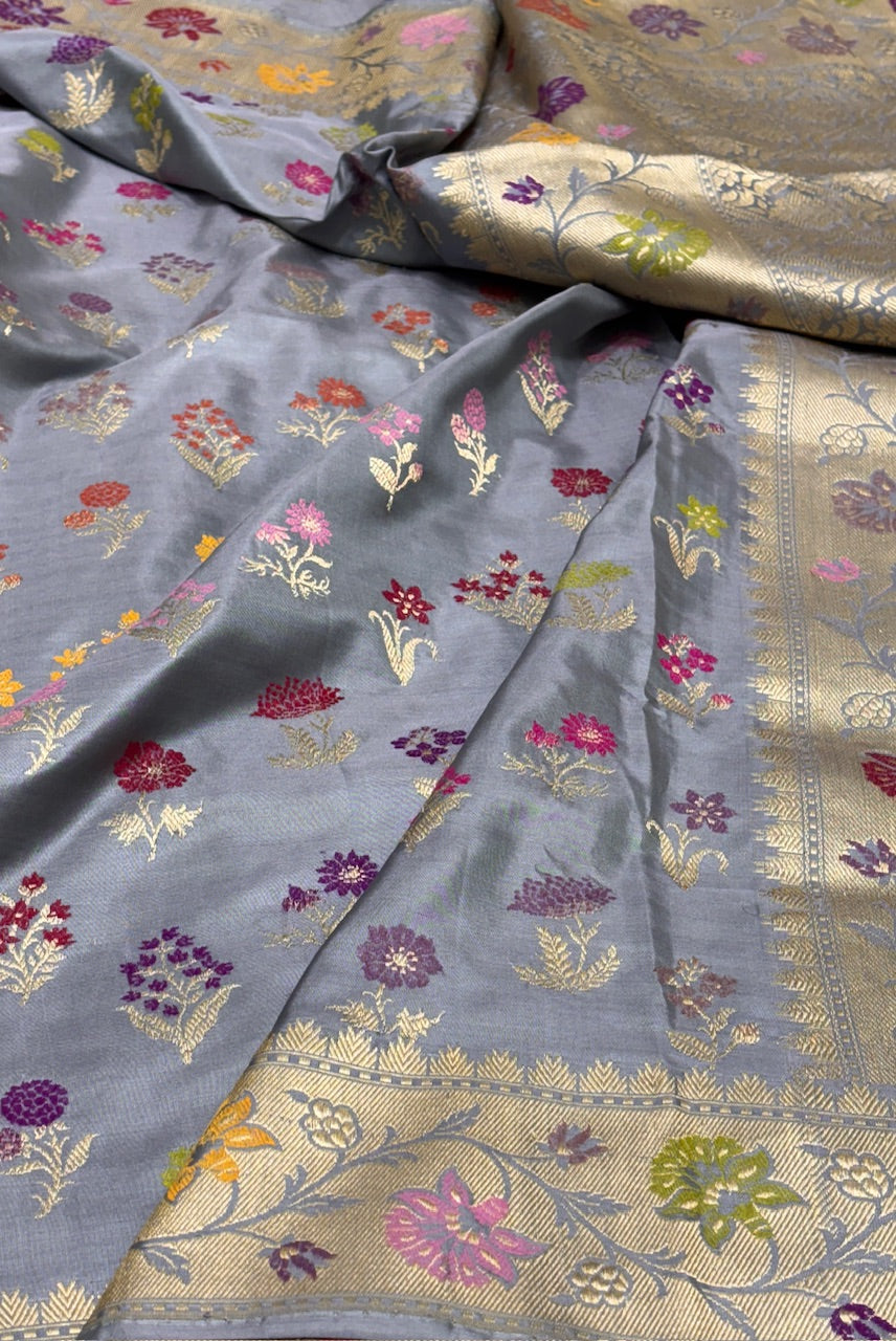Grey Pure Katan Silk Banarasi Saree