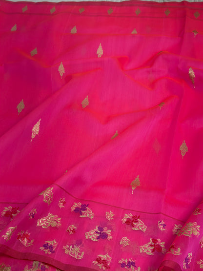Hot Pink Pure Kora Banarasi Saree with Minakari Butti Border