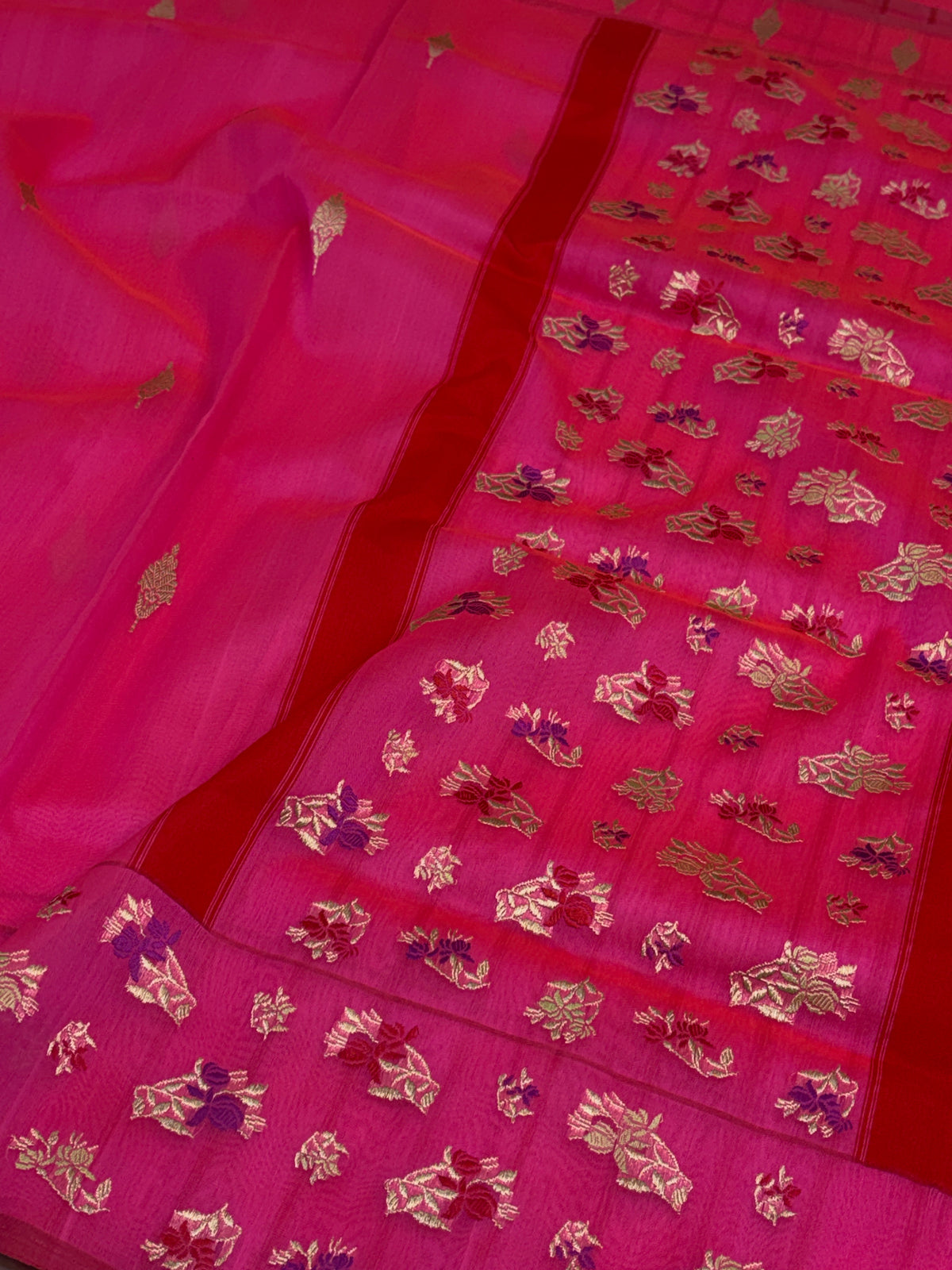 Hot Pink Pure Kora Banarasi Saree with Minakari Butti Border