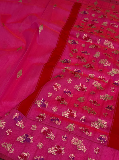 Hot Pink Pure Kora Banarasi Saree with Minakari Butti Border