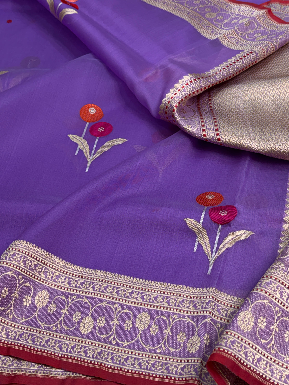 Dark Lavender Pure Kora Banarasi Saree with Tilfi Minakari bootah weaving