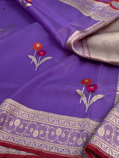 Dark Lavender Pure Kora Banarasi Saree with Tilfi Minakari bootah weaving