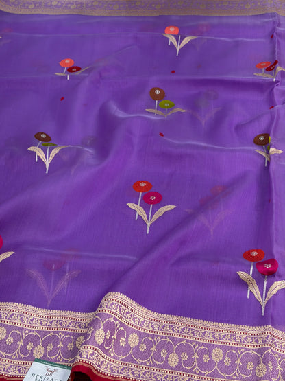 Dark Lavender Pure Kora Banarasi Saree with Tilfi Minakari bootah weaving