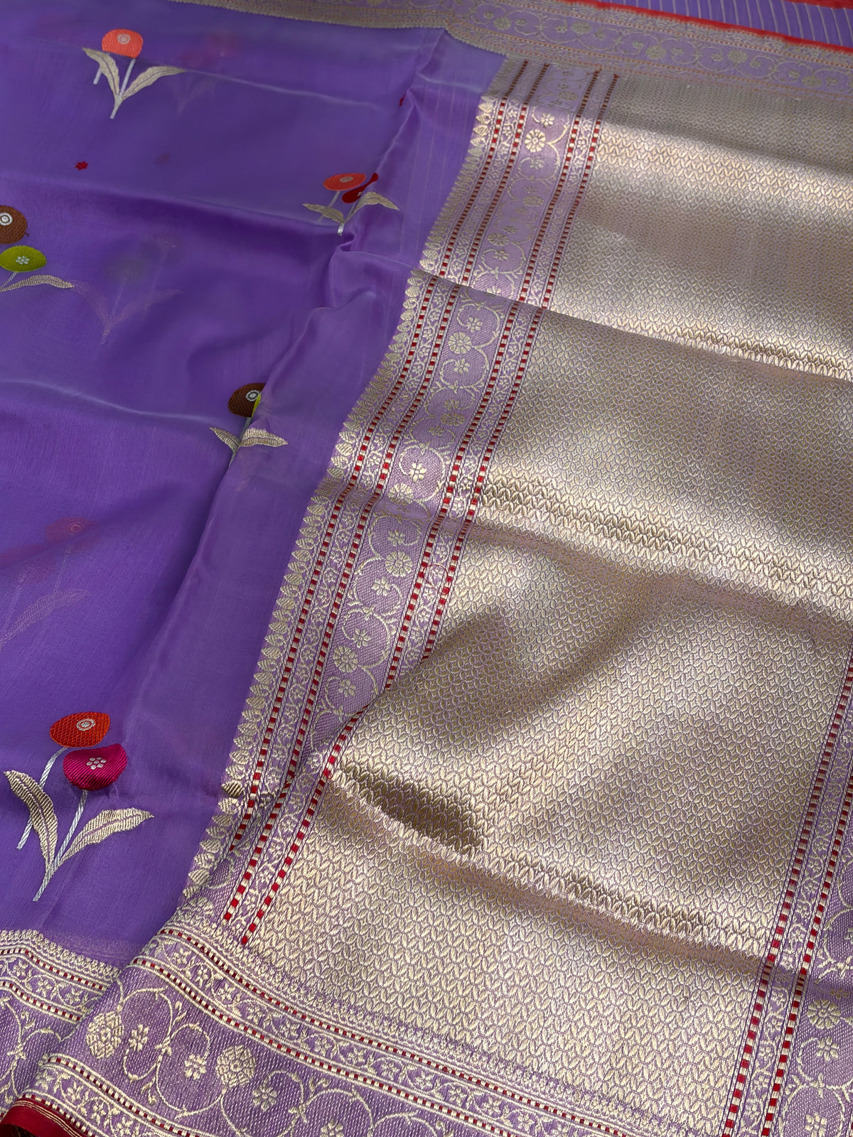 Dark Lavender Pure Kora Banarasi Saree with Tilfi Minakari bootah weaving