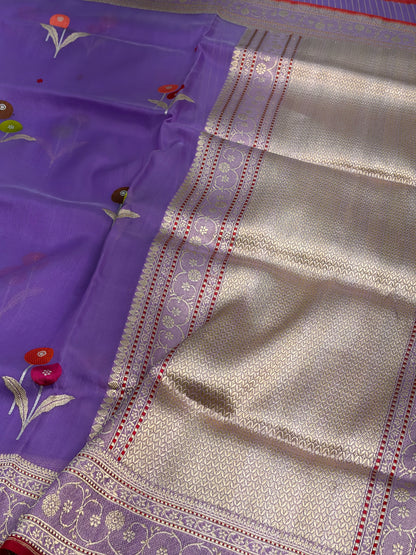Dark Lavender Pure Kora Banarasi Saree with Tilfi Minakari bootah weaving