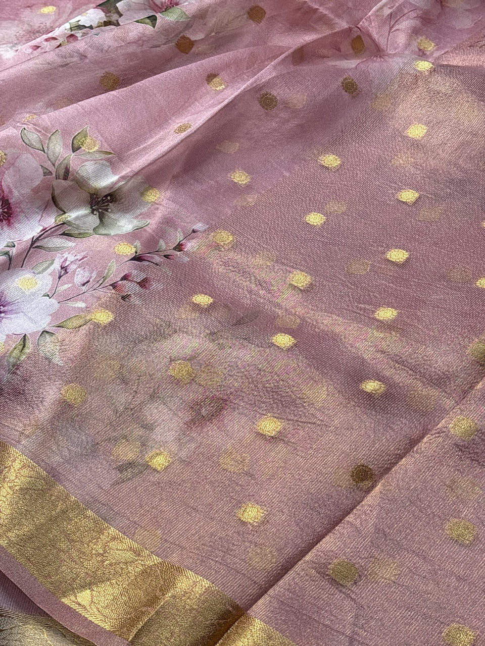 Light Mauve Banarasi  Kora Printed Silk Handwoven Saree
