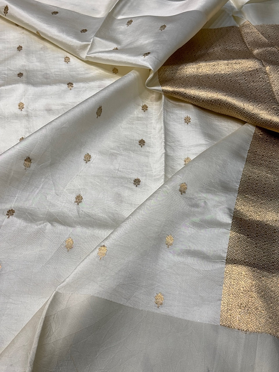 Ivory Mango Katan Banarasi Silk Handwoven Saree