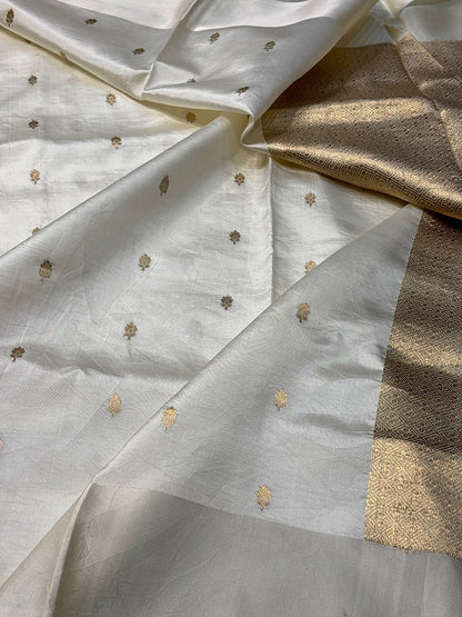 Ivory Mango Katan Banarasi Silk Handwoven Saree