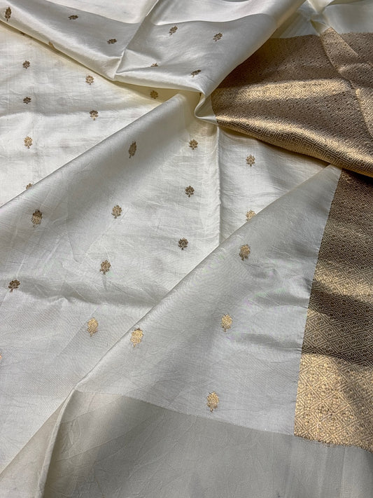 Ivory Mango Katan Banarasi Silk Handwoven Saree