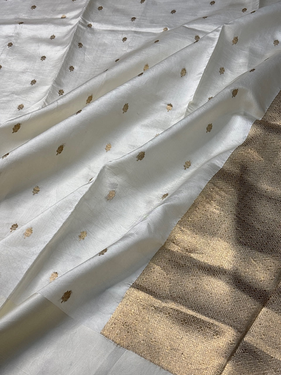 Ivory Mango Katan Banarasi Silk Handwoven Saree