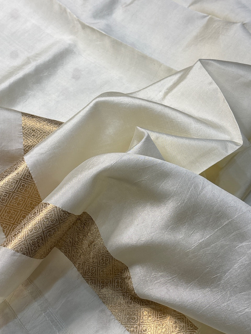Ivory Mango Katan Banarasi Silk Handwoven Saree