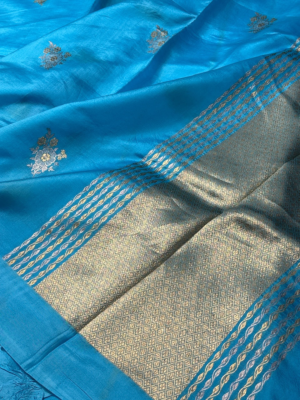 Aqua Blue Mango Katan Banarasi Silk Handwoven Saree
