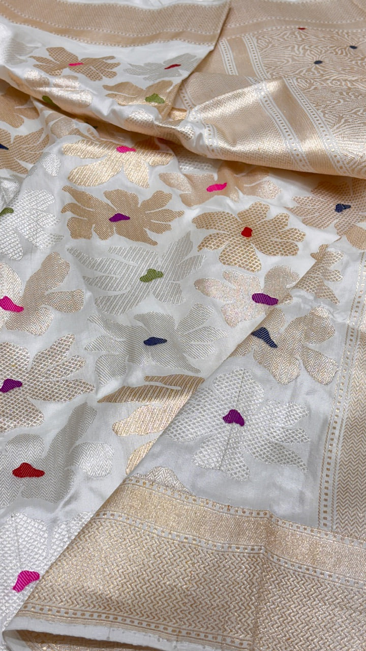 Off White Pure Banarasi Katan Silk Saree