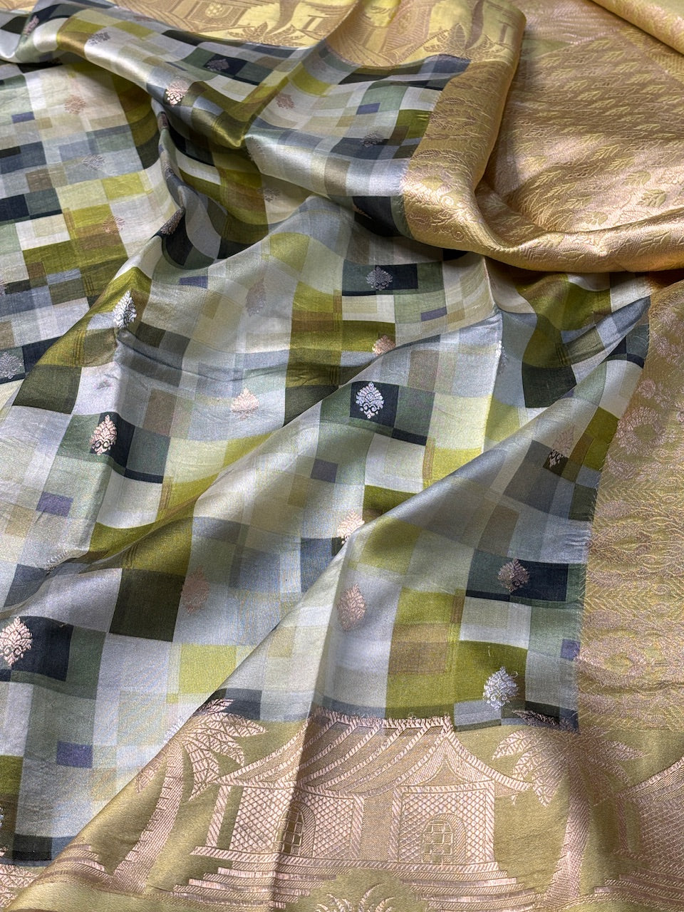 Green Check Printed Mango Katan Banarasi Silk Handwoven Saree