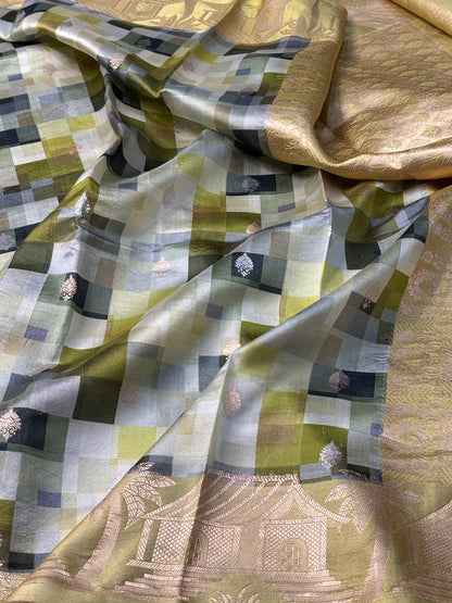 Green Check Printed Mango Katan Banarasi Silk Handwoven Saree