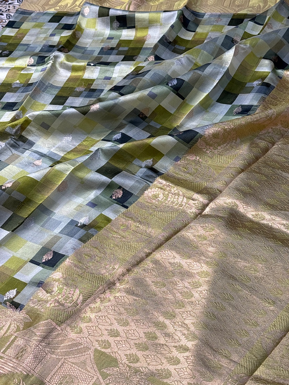 Green Check Printed Mango Katan Banarasi Silk Handwoven Saree