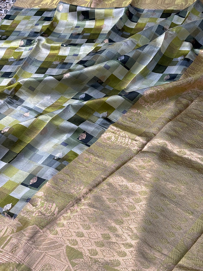 Green Check Printed Mango Katan Banarasi Silk Handwoven Saree
