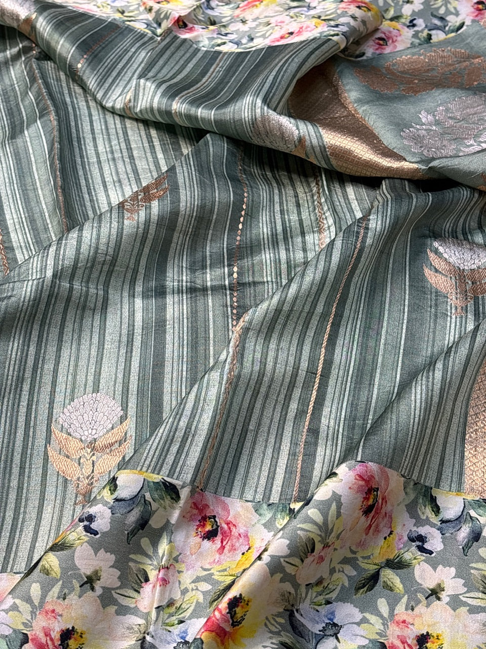 Gray Printed Mango Katan Banarasi Silk Handwoven Saree