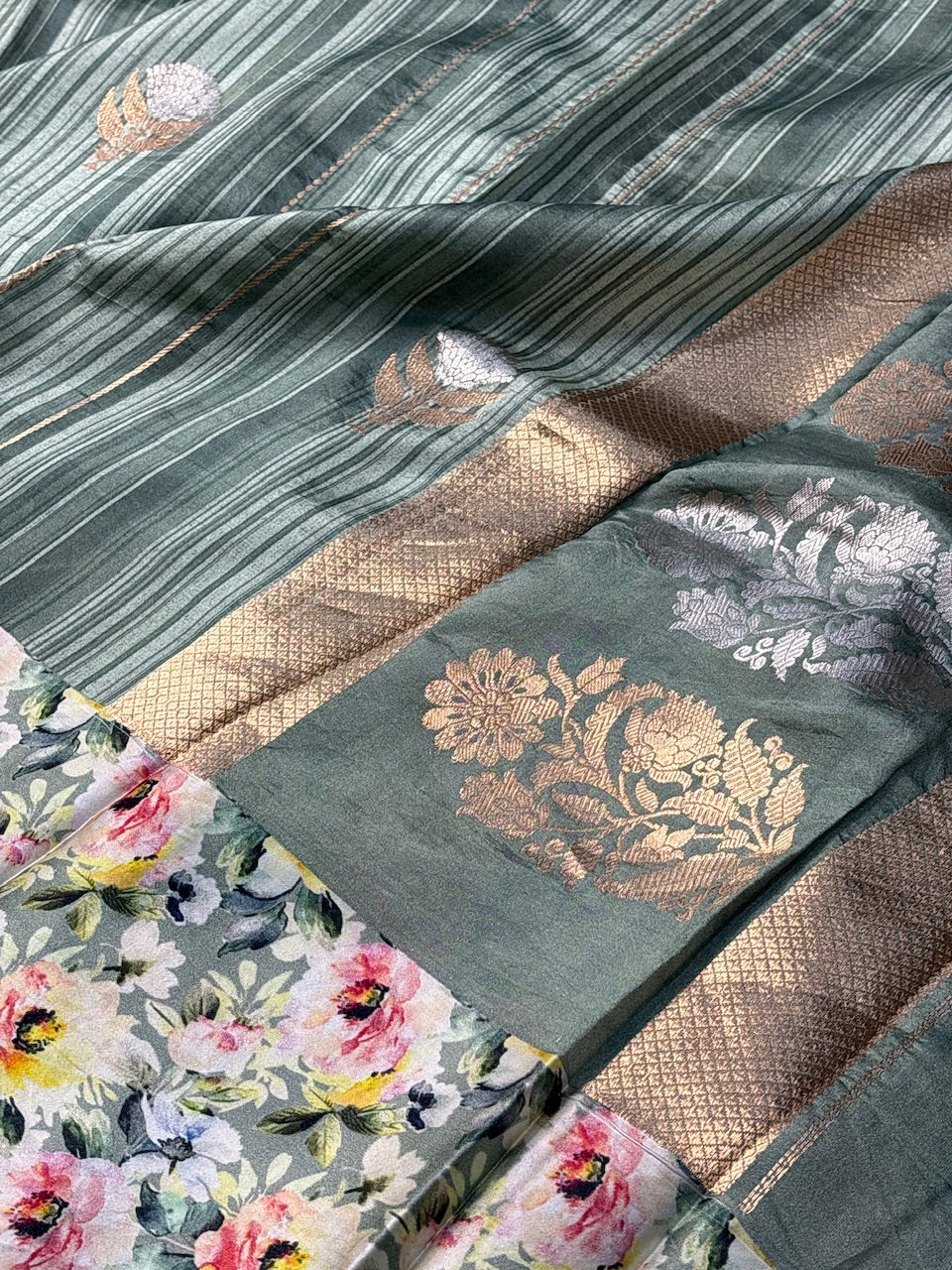 Gray Printed Mango Katan Banarasi Silk Handwoven Saree