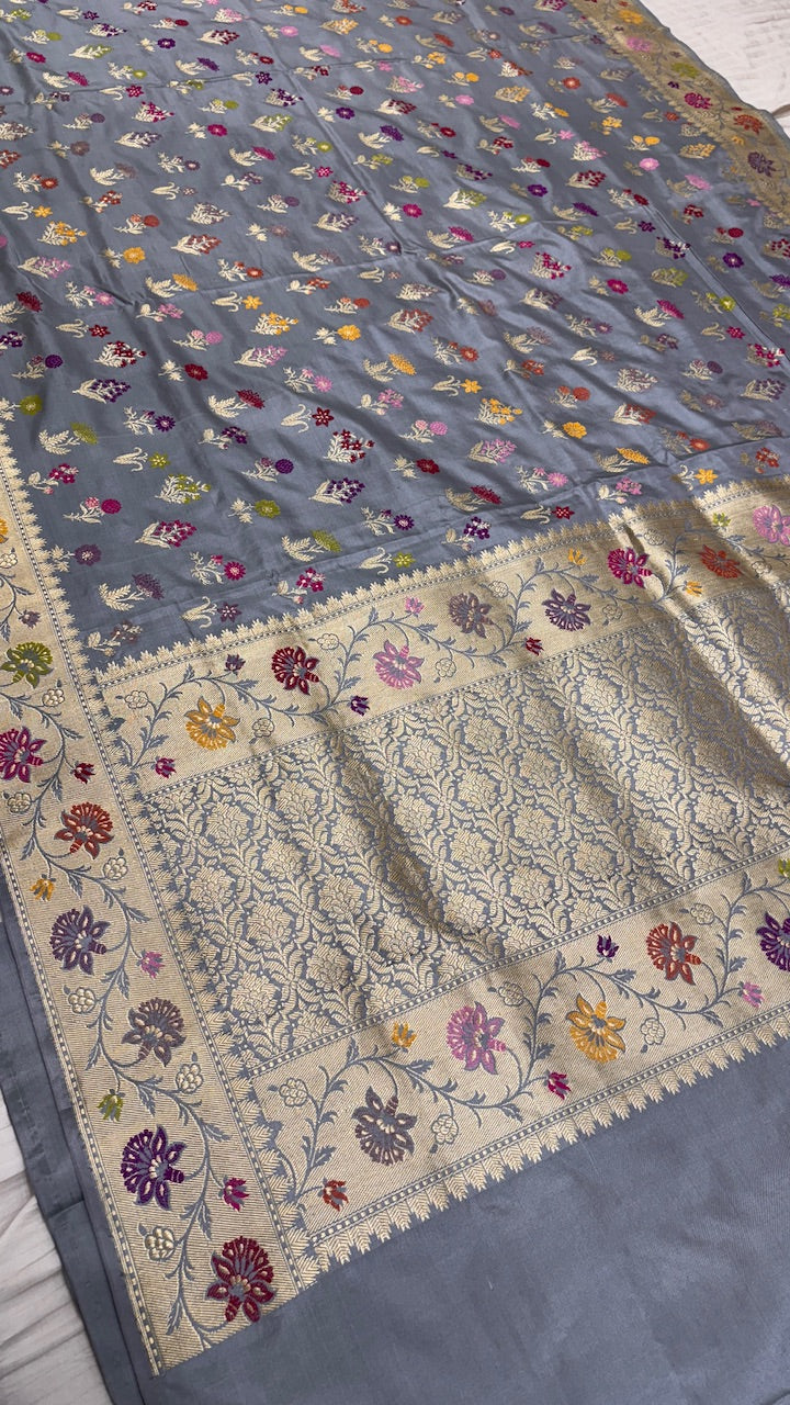 Grey Pure Katan Silk Banarasi Saree