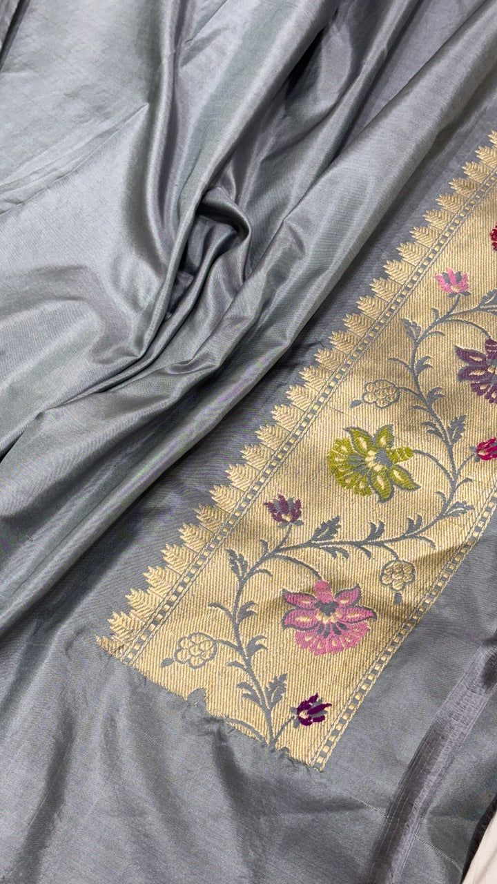 Grey Pure Katan Silk Banarasi Saree