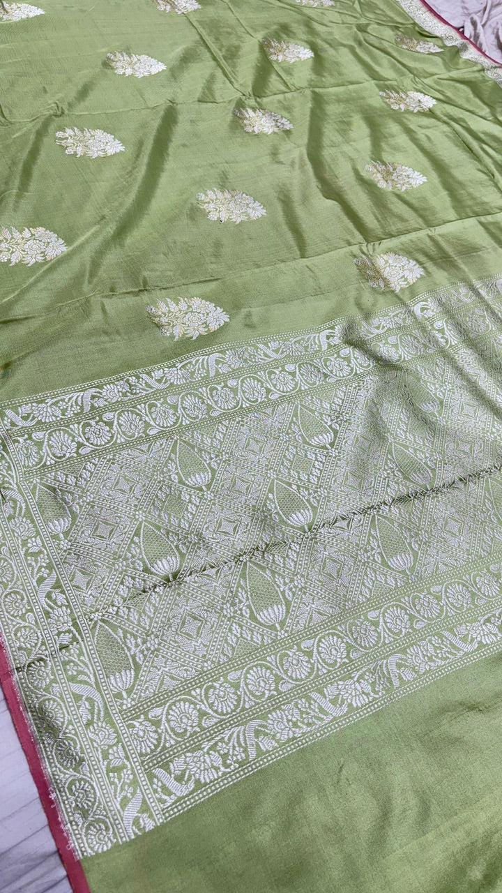 Light Olive Green Pure Banarasi Katan Silk Saree