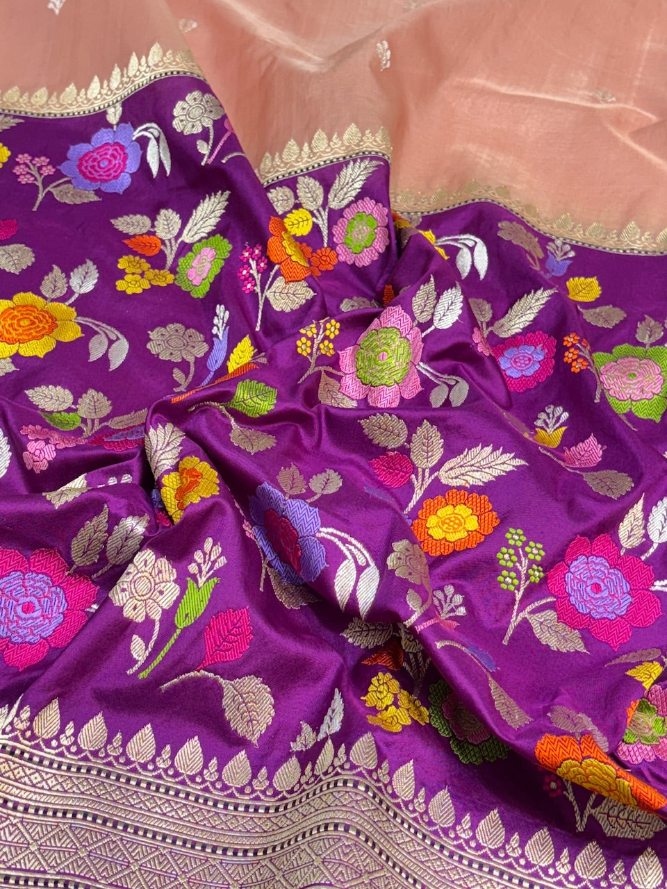 Peach Tissue Banarasi Silk Handwoven Saree