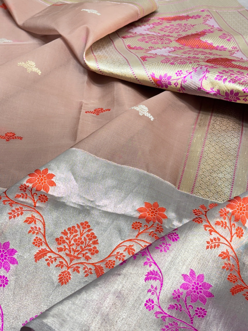 Peach Tissue Banarasi Silk Handwoven Saree