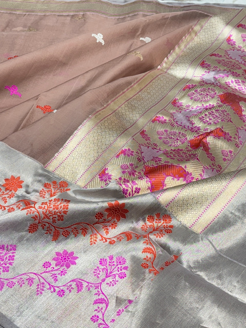 Peach Tissue Banarasi Silk Handwoven Saree