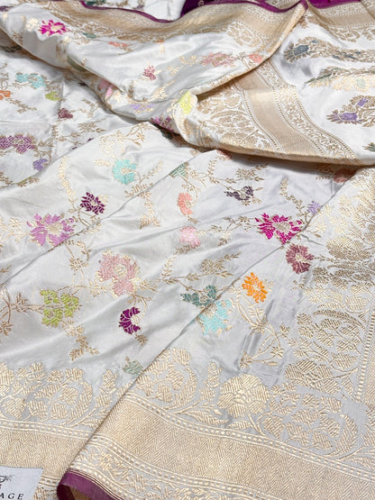White Pure Banarasi Katan Silk Handloom Saree