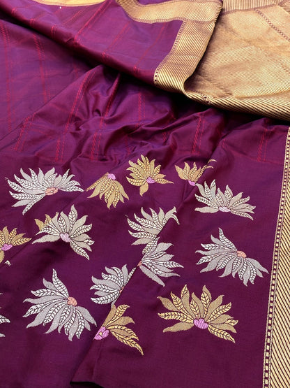 Wine Banarasi Pure Katan Silk Handwoven Saree