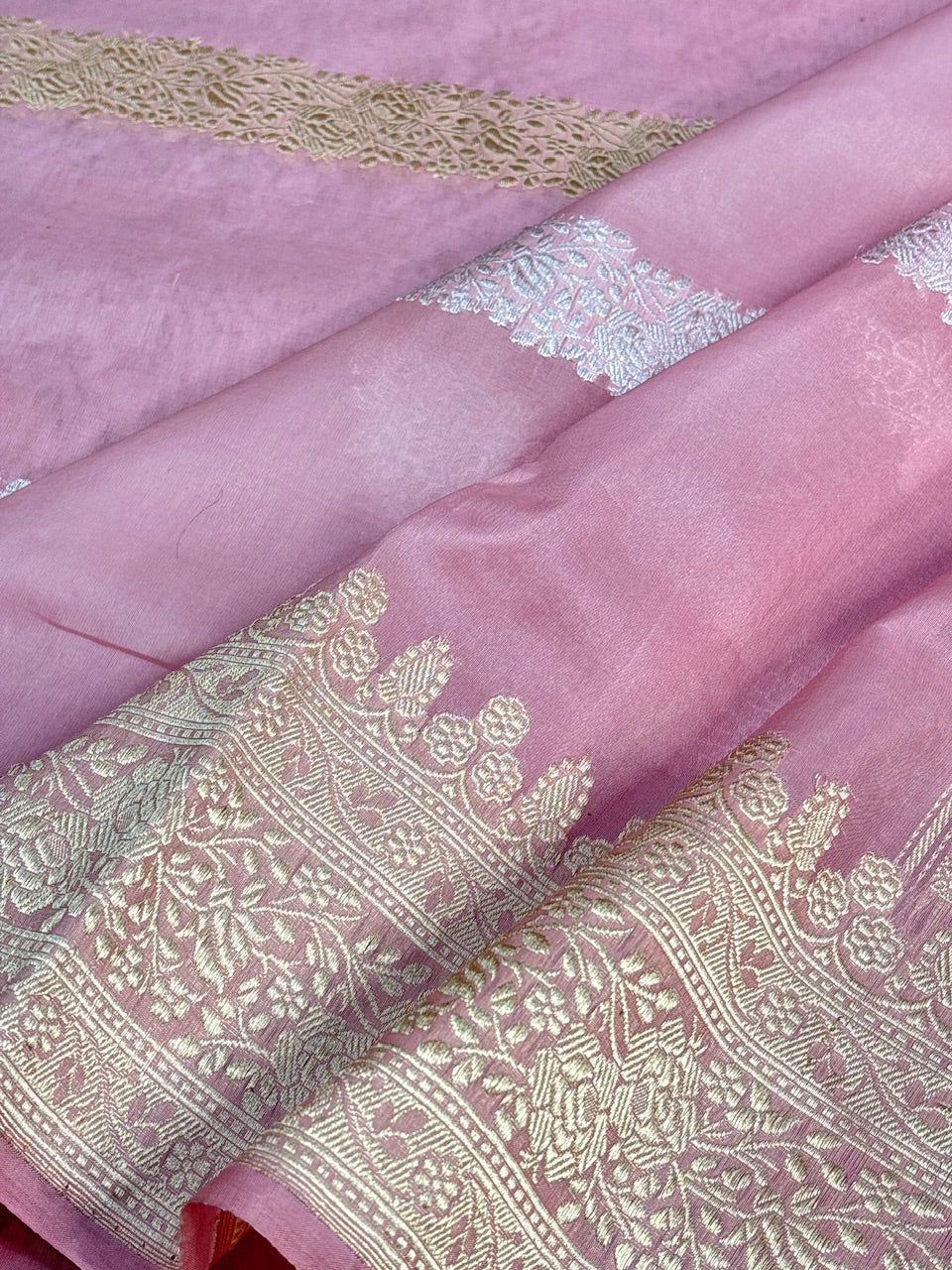 Rose Pink Banarasi Kora Silk Handwoven Saree