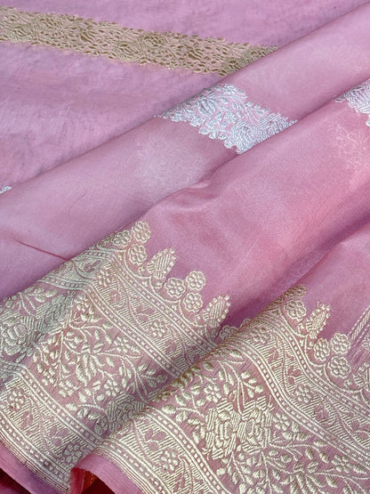 Rose Pink Banarasi Kora Silk Handwoven Saree
