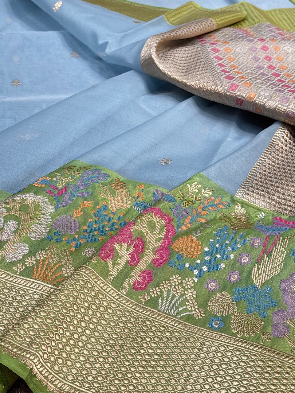 Blue Banarasi Kora Silk Handwoven Saree