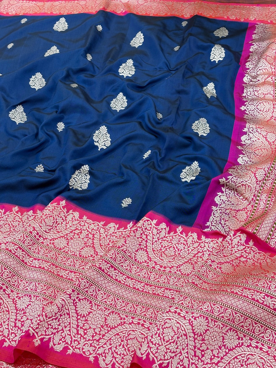 Ink Blue Pure Banarasi Ektara  Silk Handwoven Saree