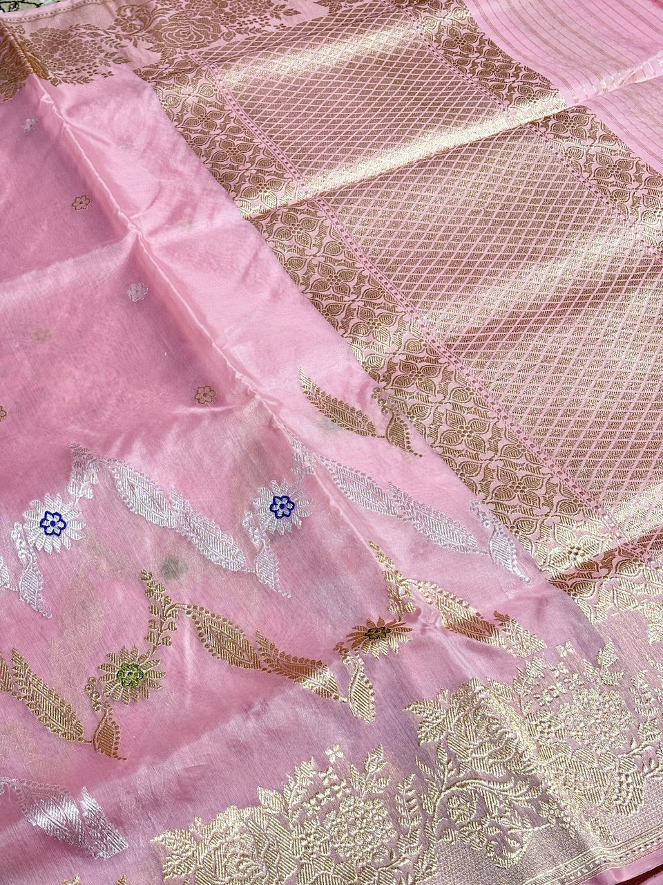 Rose Pink Banarasi Kora Silk Handwoven Saree