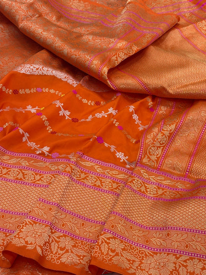 Orange Banarasi Pure Katan Silk Handwoven Saree