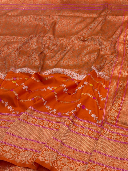 Orange Banarasi Pure Katan Silk Handwoven Saree