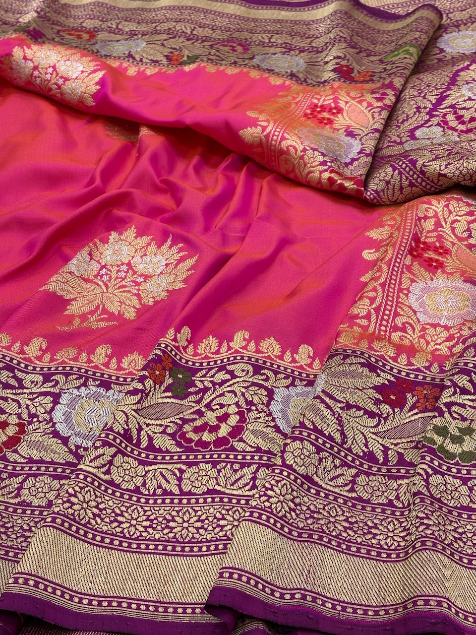 Rani Pink Pure Banarasi Ektara  Silk Handwoven Saree