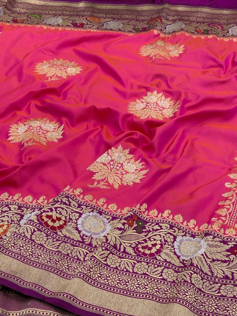 Rani Pink Pure Banarasi Ektara  Silk Handwoven Saree