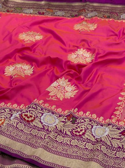 Rani Pink Pure Banarasi Ektara  Silk Handwoven Saree