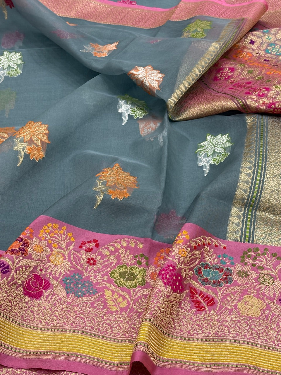 Ash Grey Banarasi Kora Silk Handwoven Saree