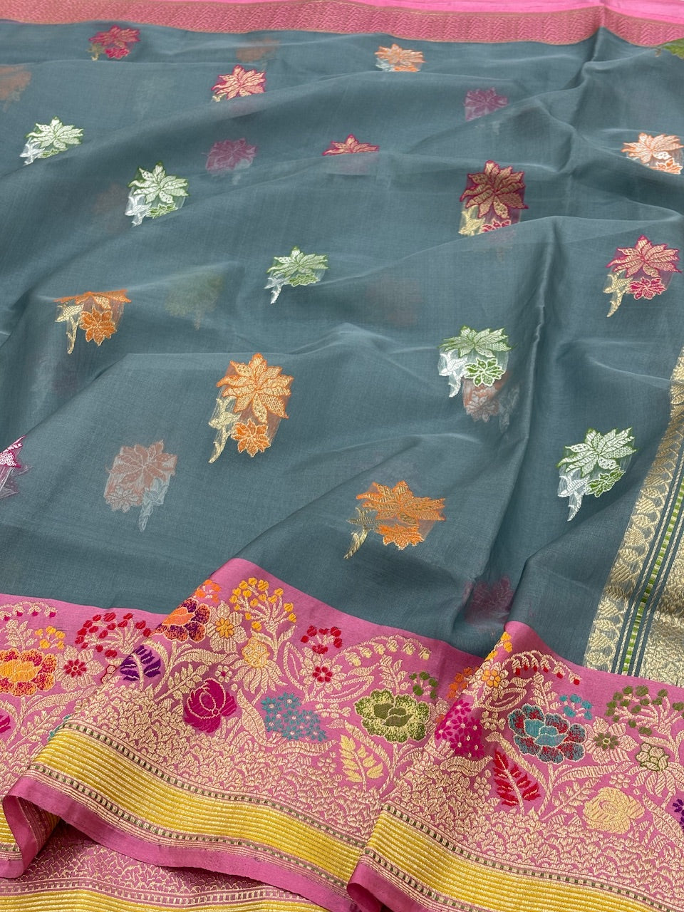 Ash Grey Banarasi Kora Silk Handwoven Saree