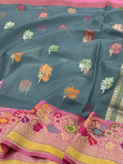 Ash Grey Banarasi Kora Silk Handwoven Saree