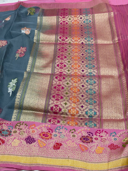 Ash Grey Banarasi Kora Silk Handwoven Saree