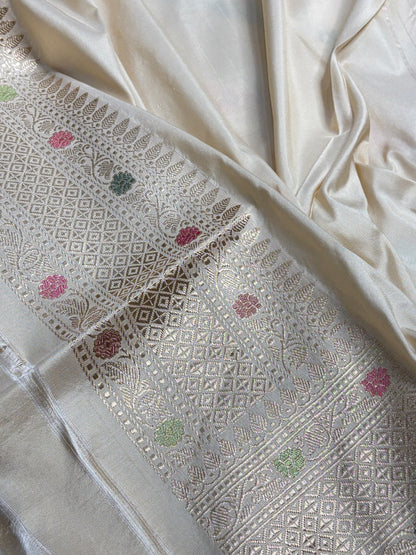 Ivory Pure Banarasi Katan Silk Handwoven Saree