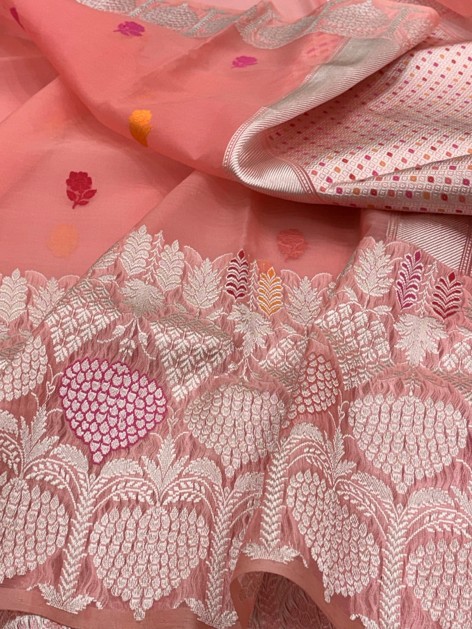 Peach Banarasi Kora Silk Handwoven Saree