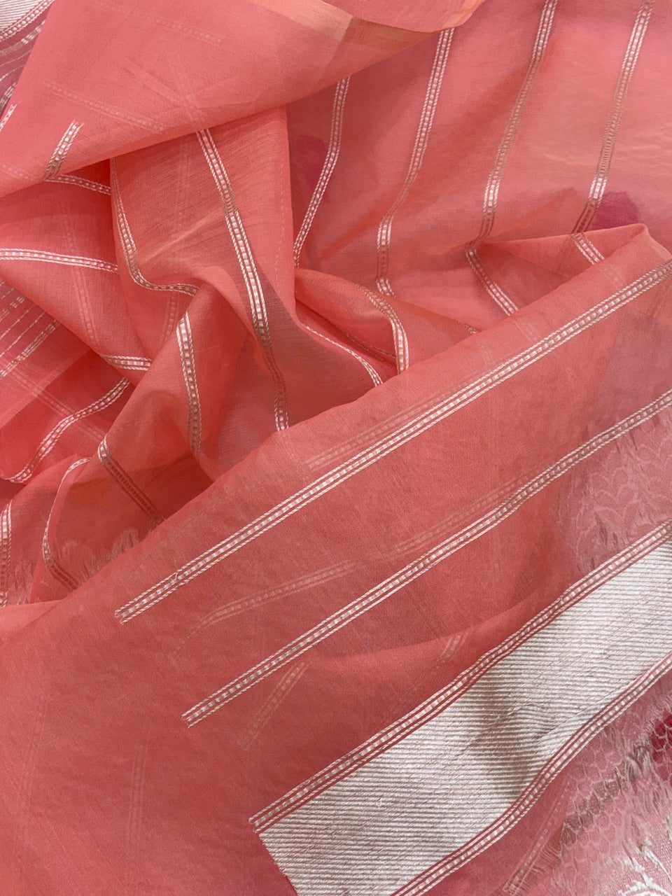 Peach Banarasi Kora Silk Handwoven Saree